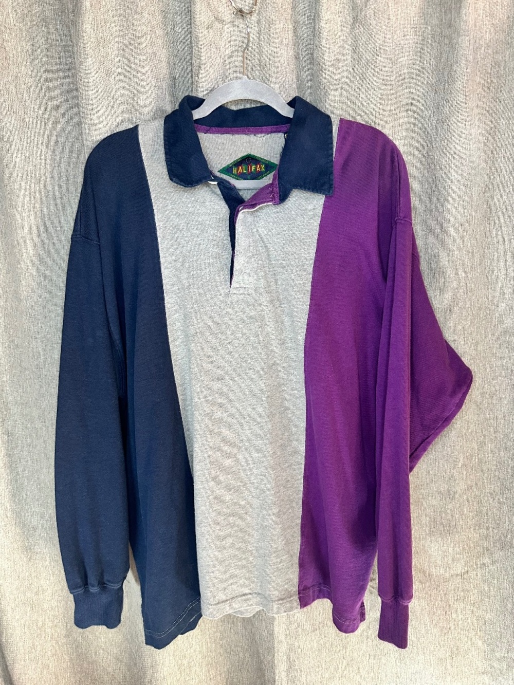 Vintage 90s Halifax colorblock rugby-style long sleeve polo shirt.